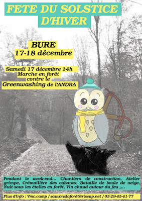 Fête du solstice d'hiver en forêt contre la poubelle nucléaire, à Bure (Moselle)