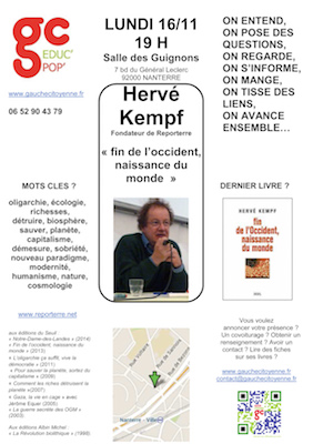 Conférence à Nanterre : A partir de son ouvrage «<small class="fine d-inline"> </small>fin de l'Occident, naissance du monde<small class="fine d-inline"> </small>», Hervé Kempf commentera l'actualité terrible et la question du terrorisme