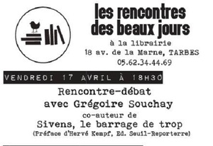 Rencontres dans des librairies du Sud-Ouest avec Grégoire Souchay, auteur de : Sivens, le barrage de trop