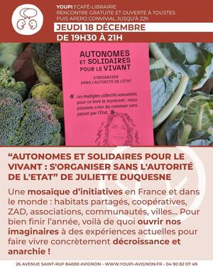 «<small class="fine d-inline"> </small>Autonomes et solidaires pour le vivant<small class="fine d-inline"> </small>», présentation du livre à Avignon (Vaucluse)