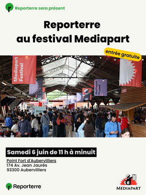 Stand Reporterre au Festival Mediapart, à Aubervilliers (Seine-Saint-Denis)