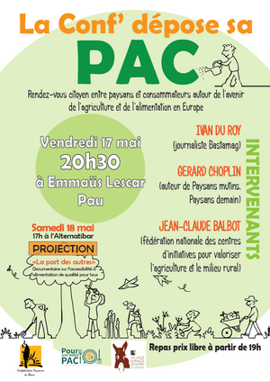 Conférence-débat «<small class="fine d-inline"> </small>La Conf' Béarn dépose sa <span class="caps">PAC</span><small class="fine d-inline"> </small>», à Lescar-Pau (Pyrénées-Atlantiques)