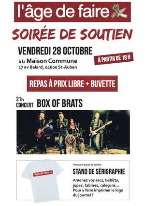 Soirée de soutien à «<small class="fine d-inline"> </small>l'Âge de faire<small class="fine d-inline"> </small>», à Saint-Auban (Alpes-de-Haute-Provence)