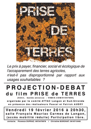 Projection-débat du film «<small class="fine d-inline"> </small>Prise de terres<small class="fine d-inline"> </small>» à Langon (Gironde)