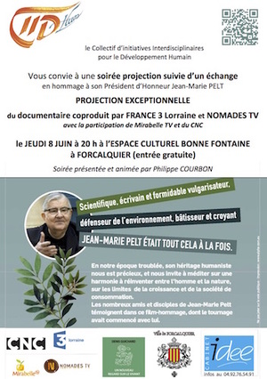 Projection du film «<small class="fine d-inline"> </small>Jean-Marie Pelt : le jardinier du Bon Dieu<small class="fine d-inline"> </small>», à Forcalquier (Alpes-de-Haute-Provence)
