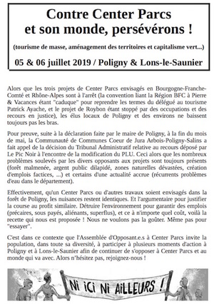 Contre Center Parcs et son monde, persévérons<small class="fine d-inline"> </small>! à Poligny et Lons-le-Saunier (Jura)