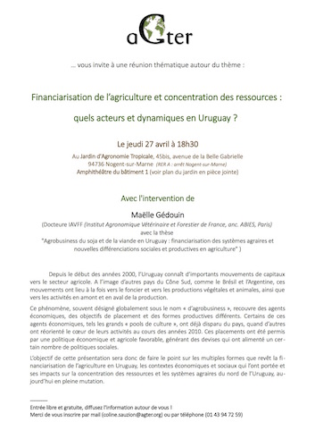 Financiarisation de l'agriculture et concentration des ressources : quels acteurs et dynamiques en Uruguay<small class="fine d-inline"> </small>? conférence à Nogent-sur-Marne (Val-de-Marne)