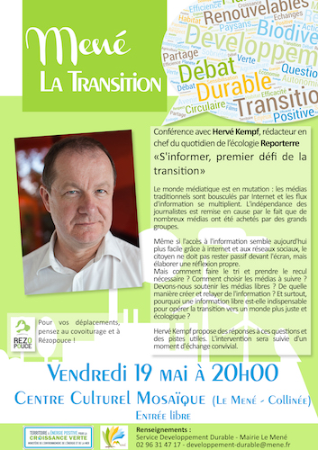 «<small class="fine d-inline"> </small>S'informer, le premier défi de la transition<small class="fine d-inline"> </small>», conférence d'Hervé Kempf au Mené-Collinée (Côtes-d'Armor)