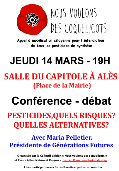 «<small class="fine d-inline"> </small>Les pesticides : quels risques<small class="fine d-inline"> </small>? quelles alternatives<small class="fine d-inline"> </small>?<small class="fine d-inline"> </small>», conférence-débat à Alès (Gard)