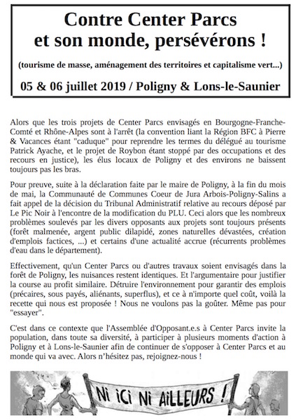 Contre Center Parcs et son monde, persévérons<small class="fine d-inline"> </small>! à Poligny et Lons-le-Saunier (Jura)