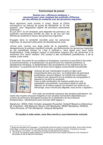 Soirée-débat soutien aux «<small class="fine d-inline"> </small>afficheurs solidaires<small class="fine d-inline"> </small>», à Montpellier (Hérault)