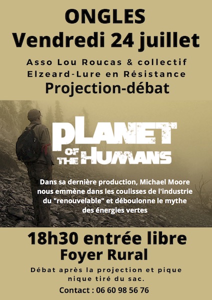 Projection-débat de «<small class="fine d-inline"> </small>Planet of The Humans<small class="fine d-inline"> </small>», à Ongles (Alpes-de-Haute-Provence)