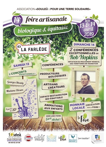 14<sup class="typo_exposants">e</sup> édition de la foire bio de la Farlède Rob Hopkins aux Rencontres Souleù<small class="fine d-inline"> </small>! à la Farlède (Var)
