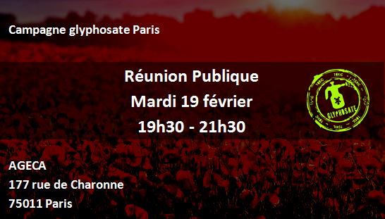 Réunion publique de la «<small class="fine d-inline"> </small>campagne glyphosate<small class="fine d-inline"> </small>», à Paris