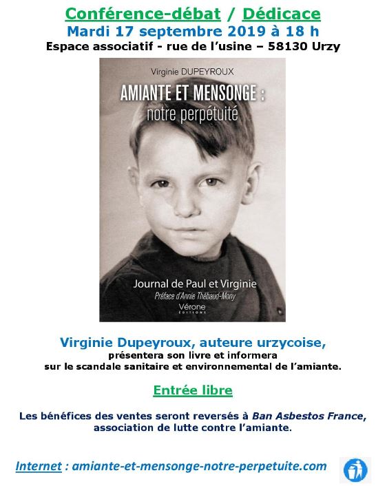 «<small class="fine d-inline"> </small>Amiante et mensonge : notre perpétuité<small class="fine d-inline"> </small>» - conférence-débat à Urzy (Nièvre)