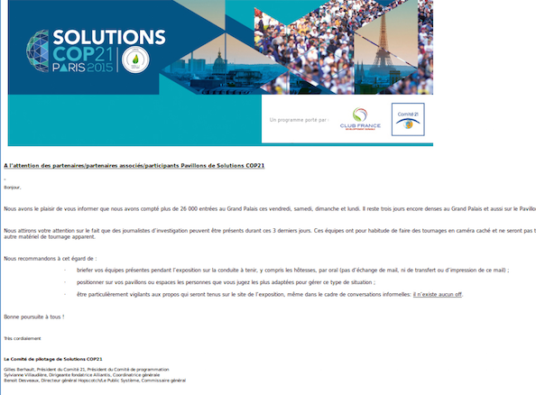 A Solutions <span class="caps">COP21</span>, on se prémunit contre les «<small class="fine d-inline"> </small>journalistes d'investigation<small class="fine d-inline"> </small>»
