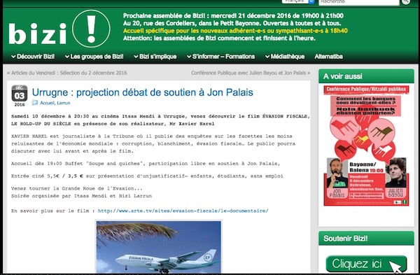 Projection de «<small class="fine d-inline"> </small>Évasion fiscale, le hold-up du siècle<small class="fine d-inline"> </small>» en soutien à Jon Palais, à Urrugne (Pyrénées-Atlantiques)