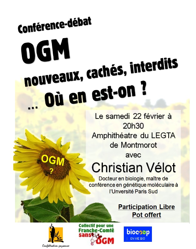 Conférence «<small class="fine d-inline"> </small><span class="caps">OGM</span> nouveaux, cachés interdits… où en est-on<small class="fine d-inline"> </small>?<small class="fine d-inline"> </small>», à Montmorot (Jura)
