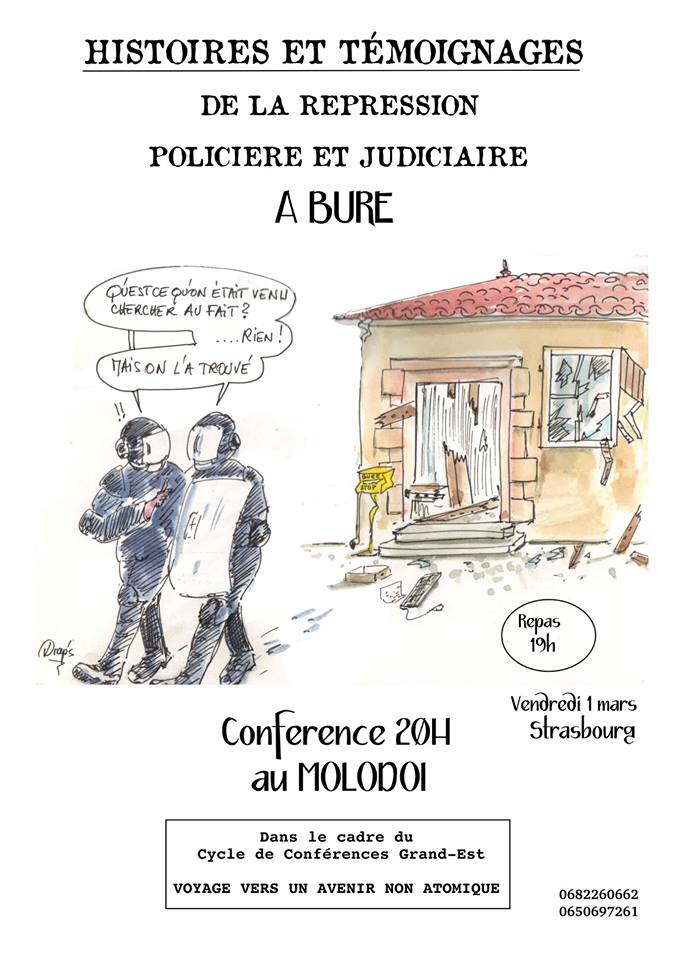 Conférence «<small class="fine d-inline"> </small>Histoires de la répression policière et judiciaire à Bure<small class="fine d-inline"> </small>», à Strasbourg (Bas-Rhin) et Nancy (Meurthe-et-Moselle)