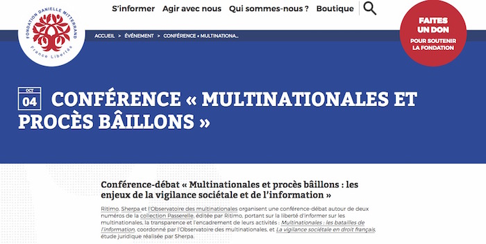 Conférence-débat «<small class="fine d-inline"> </small>Multinationales et procès bâillons : les enjeux de la vigilance sociétale et de l'information<small class="fine d-inline"> </small>», à Paris