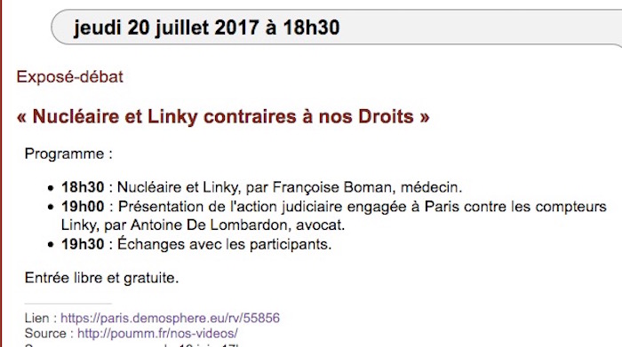 Exposé-débat Nucléaire et Linky contraires à nos droits, à Paris