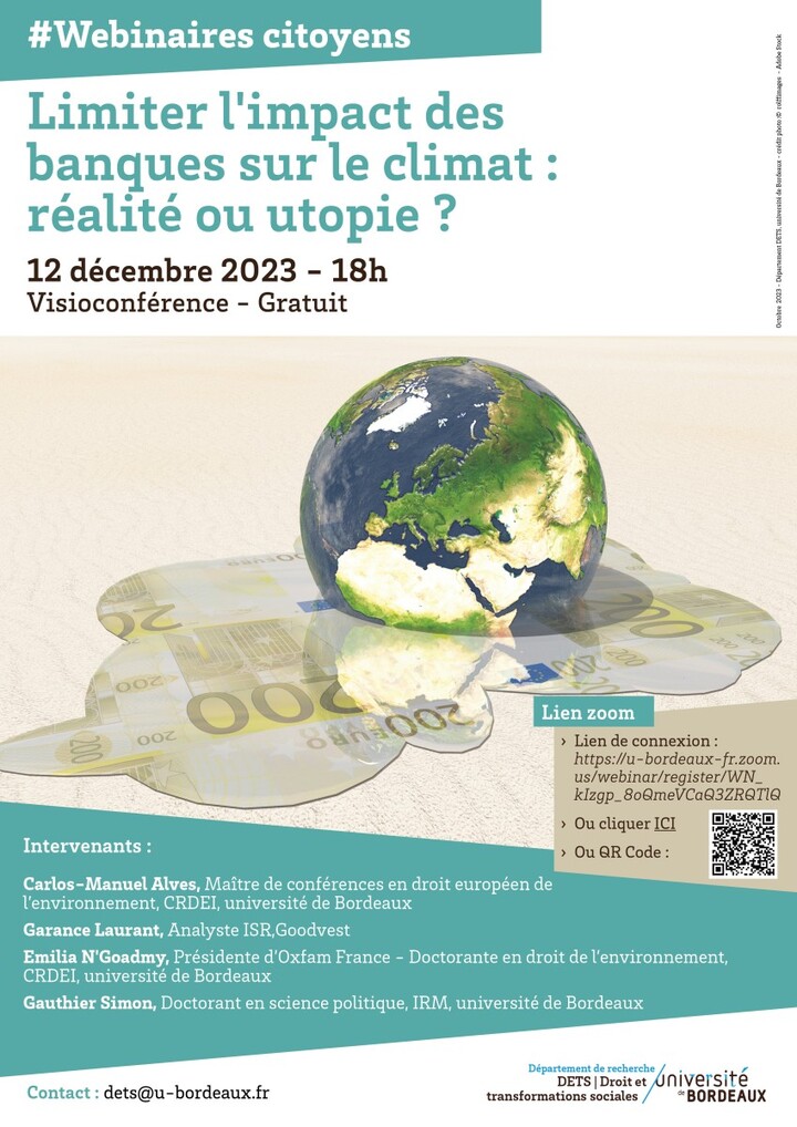 «<small class="fine d-inline"> </small>Limiter l'impact des banques sur le climat : réalité ou utopie<small class="fine d-inline"> </small>?<small class="fine d-inline"> </small>» wébinaire en ligne