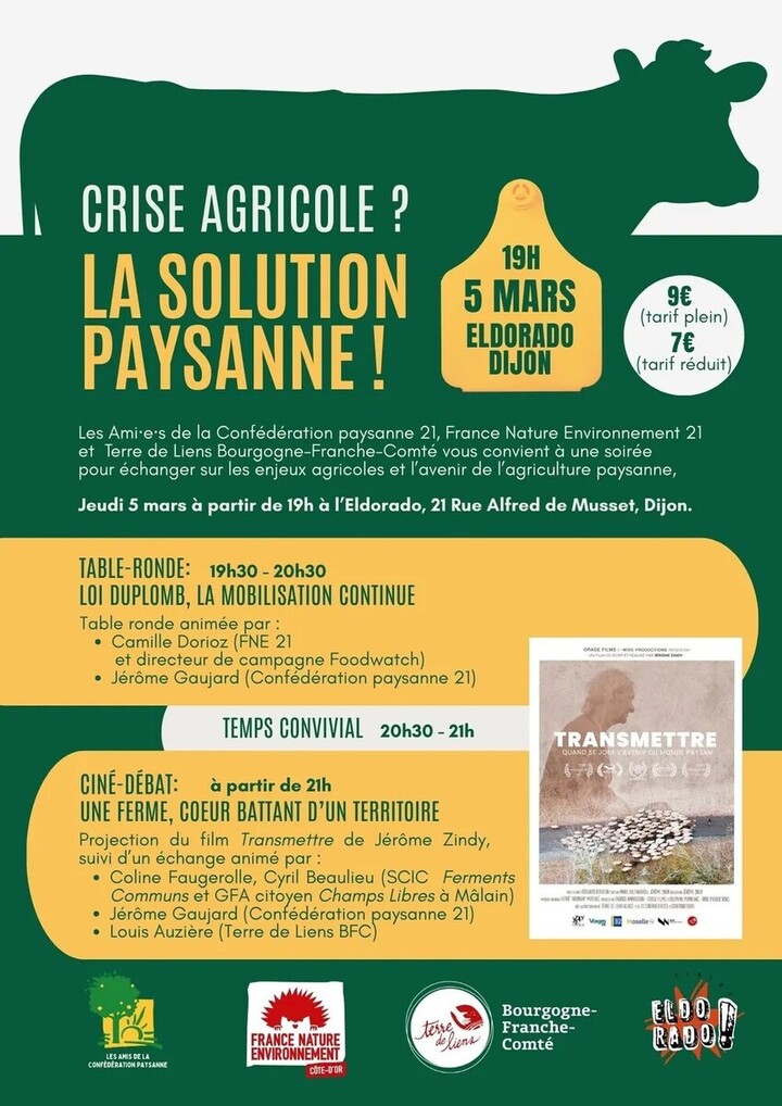 «<small class="fine d-inline"> </small>Crise agricole, la solution paysanne<small class="fine d-inline"> </small>», ciné-débat à Dijon (Côte-d'Or)