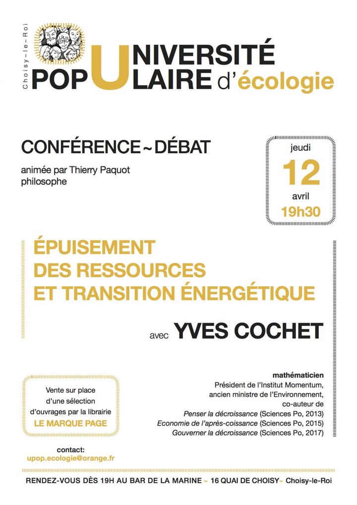 Conférence-débat «<small class="fine d-inline"> </small>Epuisement des ressources et transition énergétique<small class="fine d-inline"> </small>» avec Yves Cochet, à Choisy-le-Roi (Val-de-Marne)