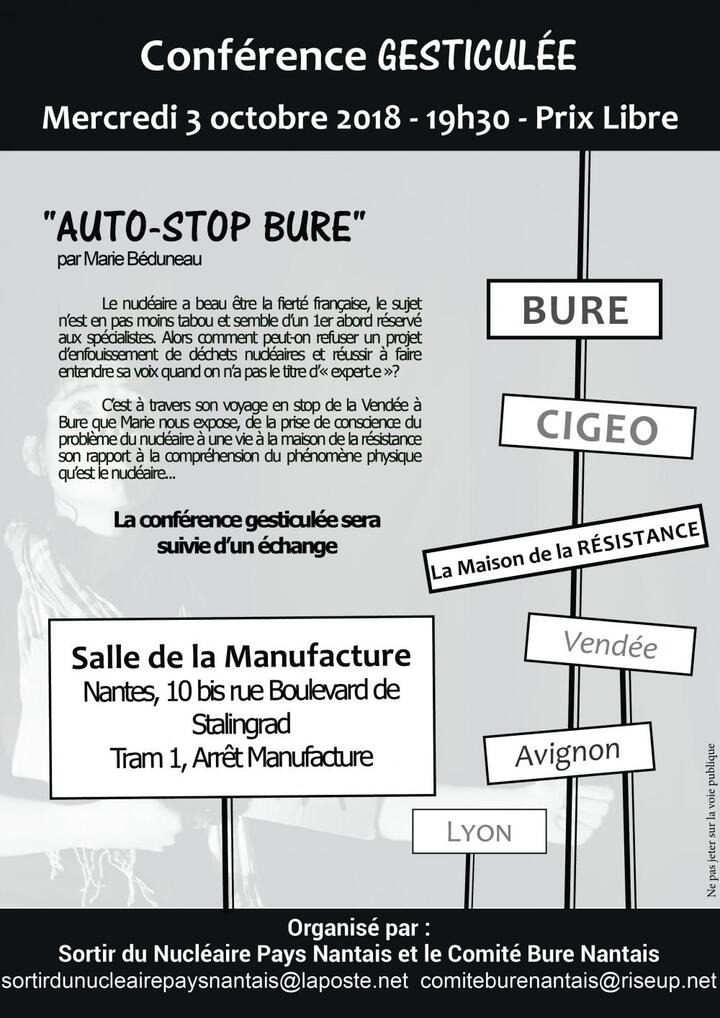 Conférence gesticulée «<small class="fine d-inline"> </small>Auto-stop Bure<small class="fine d-inline"> </small>», à Nantes (Loire-Atlantique)