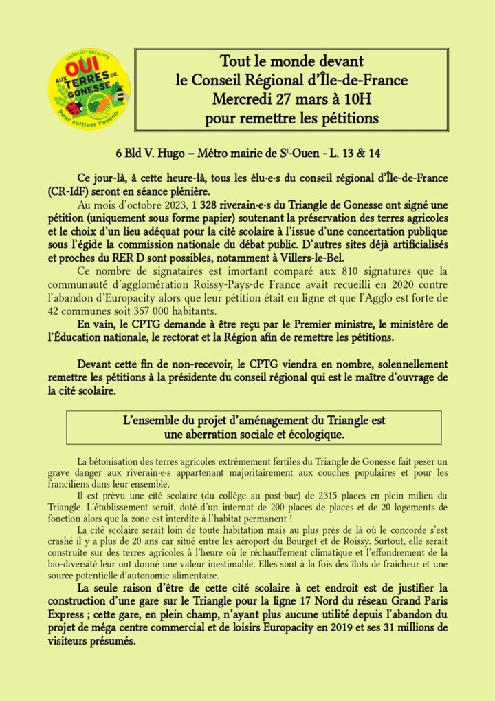 Remise des pétitions du collectif pour le Triangle de Gonesse, à Saint-Ouen (Seine-Saint-Denis) 