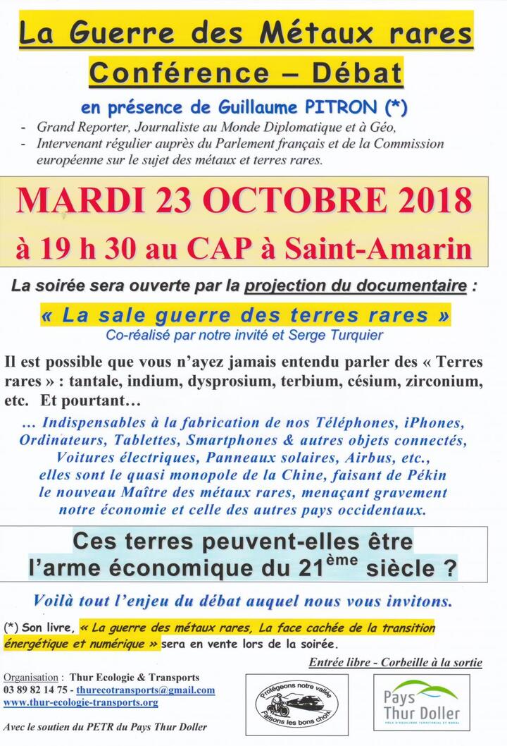 Conférence-débat «<small class="fine d-inline"> </small>la guerre des métaux rares<small class="fine d-inline"> </small>», à Saint-Amarin (Haut-Rhin)