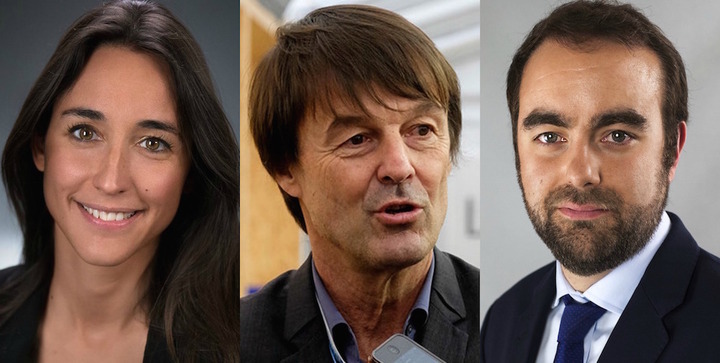Hulot encadré par une cadre de Veolia et un politicien néo-libéral