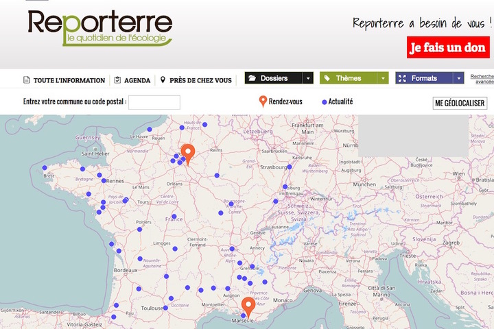 Une carte pour retrouver les articles de Reporterre sur votre commune ou votre région