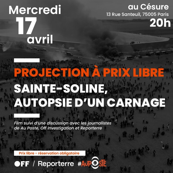 «<small class="fine d-inline"> </small>Sainte-Soline, autopsie d'un carnage<small class="fine d-inline"> </small>», projection à prix libre, à Paris