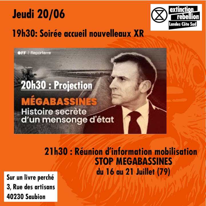 «<small class="fine d-inline"> </small>Mégabassines, histoire secrète d'un mensonge d'État<small class="fine d-inline"> </small>», projection du film et informations à Saubion (Landes)