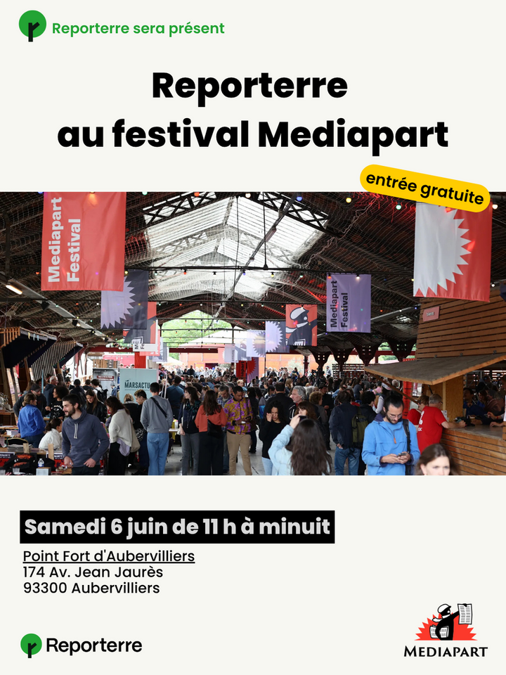 Stand Reporterre au Festival Mediapart, à Aubervilliers (Seine-Saint-Denis)